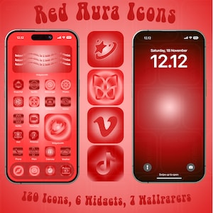 Könnte beinhalten: Digitales Produkt mit Red Aura Icons. Das Bild zeigt ein Smartphone mit rotem Thema, einschließlich App-Symbolen und Widgets. Ein Sperrbildschirm mit Datum und Uhrzeit wird ebenfalls angezeigt. Der Text auf dem Bild lautet "160 Icons, 6 Widgets, 7 Hintergrundbilder."