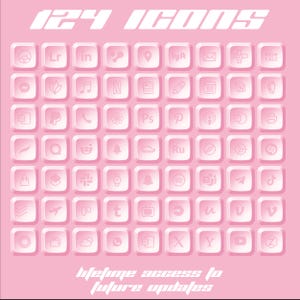 May include: A pink background with 121 icons arranged in a grid. Each icon is a white outline of a popular social media platform or app, such as Instagram, Twitter, Facebook, and TikTok. The text "lifetime access to future updates" is at the bottom of the image.