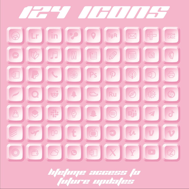 May include: A pink background with 121 icons arranged in a grid. Each icon is a white outline of a popular social media platform or app, such as Instagram, Twitter, Facebook, and TikTok. The text "lifetime access to future updates" is at the bottom of the image.