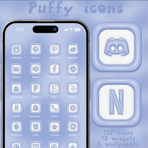 May include: A smartphone screen displaying custom app icons in a soft blue color scheme. The icons are designed with a puffy, 3D effect. The image also includes two larger app icons and text that reads "127 icons, 15 widgets, 5 wallpapers."