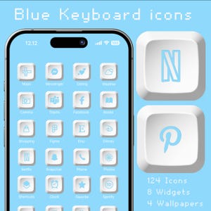 May include: A blue and white phone screen with 16 white square icons with blue text and graphics. The icons include apps like Maps, Messenger, Dating, Weather, Camera, Teams, Facebook, Books, Shopping, Figma, Etsy, Disney, Netflix, Snapchat, Phone, Photos, Shortcuts, Clock, Favorite, and Spotify. The phone screen is surrounded by a white border and a blue background. The text "124 Icons, 8 Widgets, 4 Wallpapers" is at the bottom of the image.