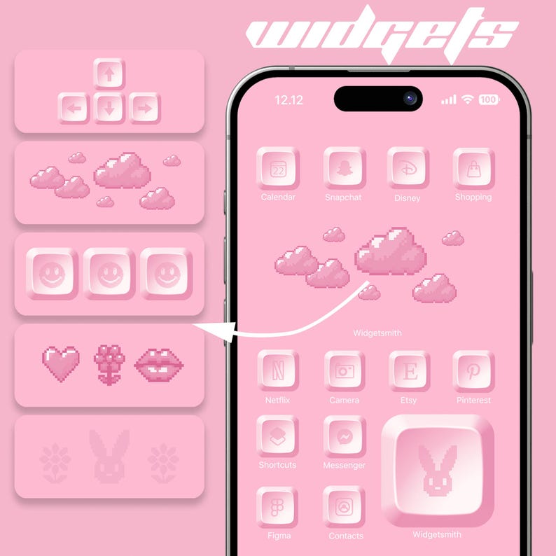 May include: A pink and white phone screen with a pink background and white icons. The icons are arranged in a grid and include apps like Calendar, Snapchat, Disney, Shopping, Netflix, Camera, Etsy, Pinterest, Shortcuts, Messenger, Figma, Contacts, and Widgetsmith. The phone screen also includes a pink cloud icon and a pink bunny icon.