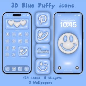 May include: A blue phone screen with 124 icons, 9 widgets, and 3 wallpapers. The icons are 3D and have a puffy, blue and white design. The icons include a heart, a star, a smiley face, a Pinterest logo, and a Canva logo. The phone screen also shows the time and date.