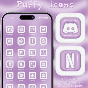 May include: A smartphone screen displays a collection of app icons in a soft purple color scheme. The icons include Instagram, Netflix, and Etsy. The image also shows two app widgets and the text "Puffy icons".