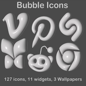 May include: A collection of white, bubble-style icons, including social media logos like Pinterest and Reddit, against a dark gray background. The text "Bubble Icons" is at the top, with "127 icons, 11 widgets, 3 Wallpapers" at the bottom.