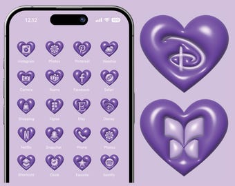 Purple Inflated Heart App Icons, Valentine’s Day 3D Heart Icon Pack, Love Aesthetic iPhone iOS Icons, Lavender Heart Home Screen, Romantic
