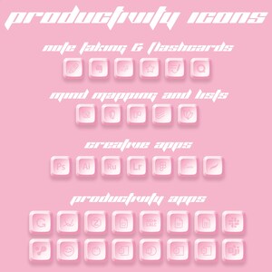 May include: Pink and white icons for productivity apps, including note taking, mind mapping, creative apps, and productivity apps. The icons are arranged in rows with the app names above each row.