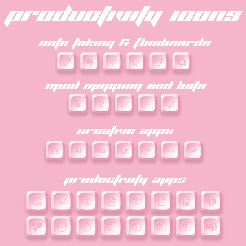 May include: Pink and white icons for productivity apps, including note taking, mind mapping, creative apps, and productivity apps. The icons are arranged in rows with the app names above each row.
