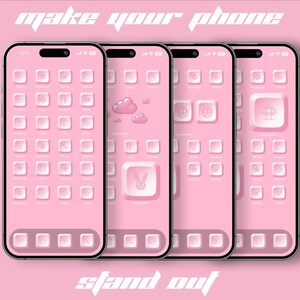 May include: Four pink iPhone screens with custom app icons. The icons are white and have a 3D effect. The text "make your phone stand out" is at the top and bottom of the image.