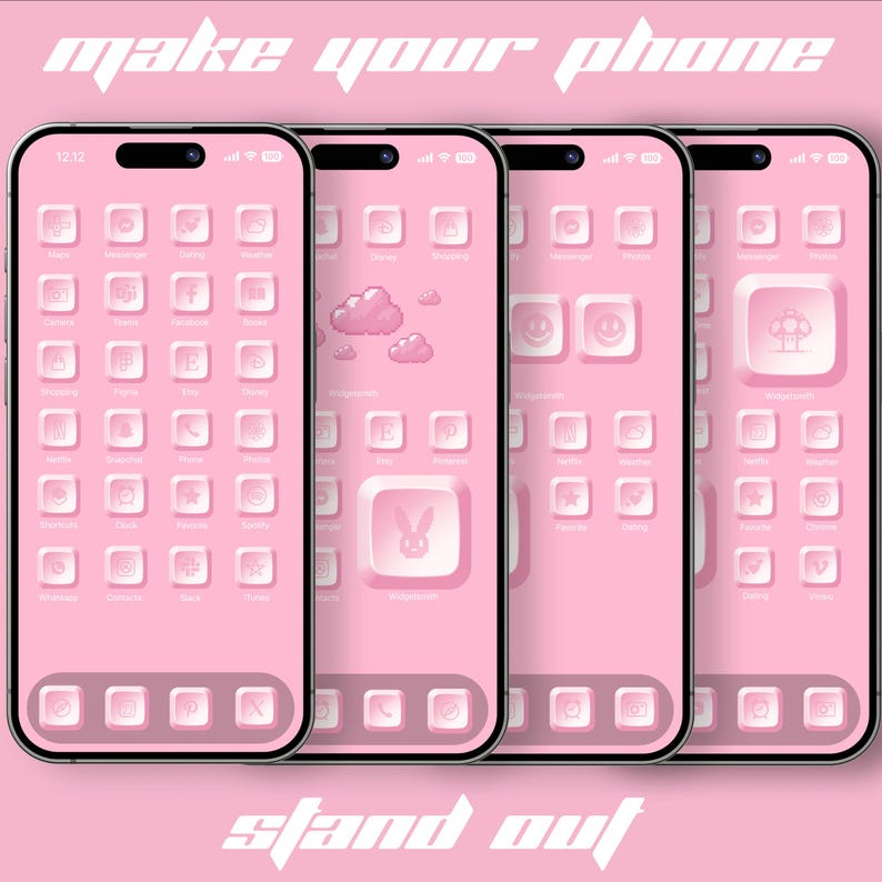 May include: Four pink iPhone screens with custom app icons. The icons are white and have a 3D effect. The text "make your phone stand out" is at the top and bottom of the image.