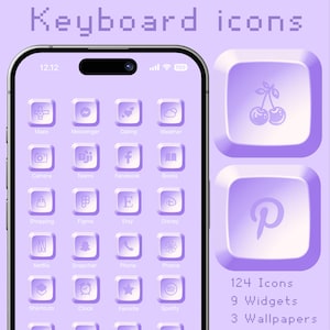 May include: A purple and white smartphone screen displaying a grid of app icons. The icons are in a keyboard style with rounded edges. The icons include apps like Maps, Messenger, Dating, Weather, Camera, Teams, Facebook, Books, Shopping, Figma, Etsy, Disney, Netflix, Snapchat, Phone, Photos, Shortcuts, Clock, Favorite, and Spotify. The screen also displays the text "124 Icons, 9 Widgets, 3 Wallpapers".