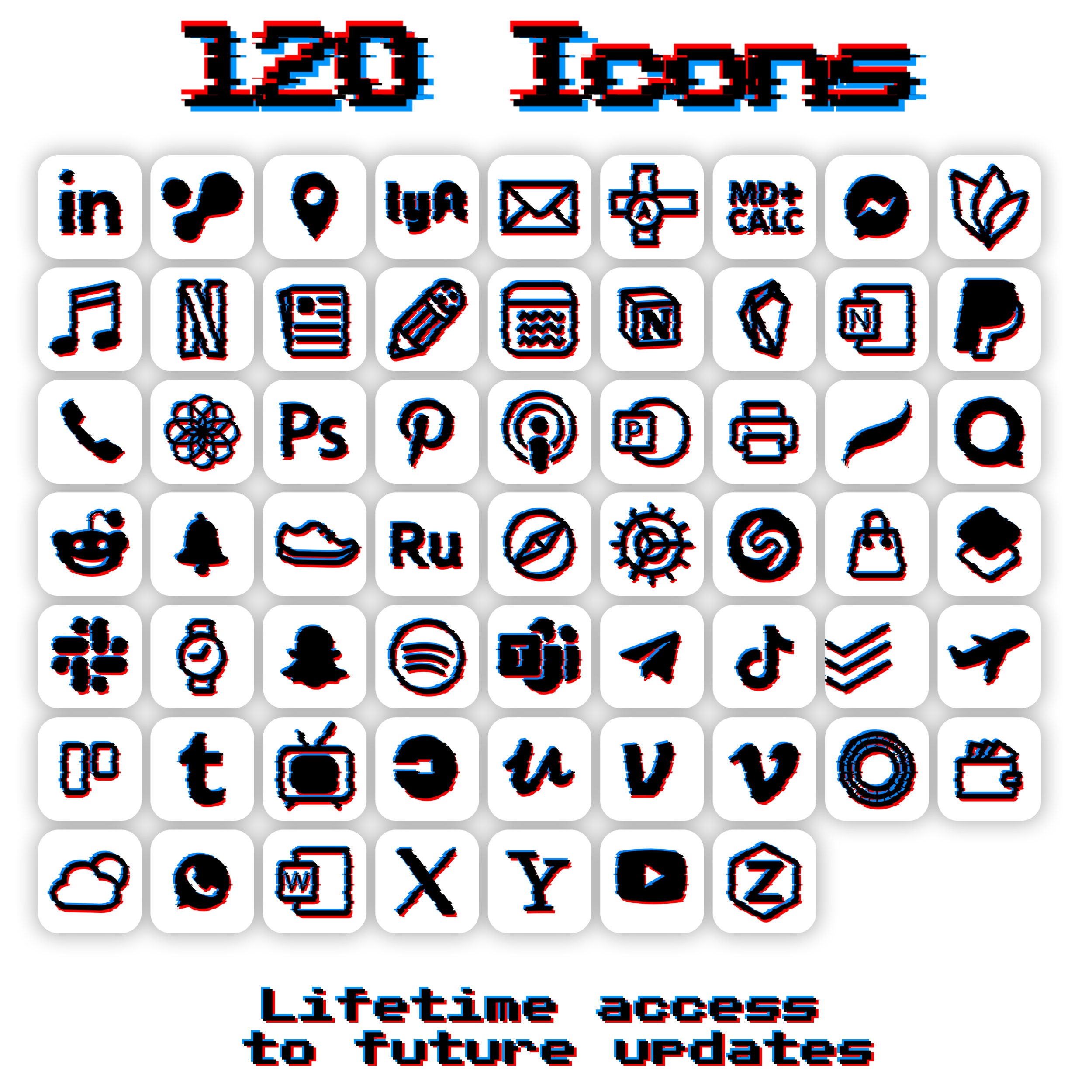 Glitch Icon Pack for Ios Devices, Distorted 3D Pixel Theme, Hacker ...