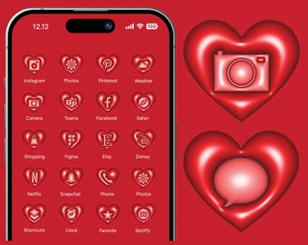 Romantic 3D Inflated Heart App Icons, Valentine’s Day Red Candy Heart Icon Pack, Love Aesthetic iPhone iOS Icons, Cherry Red Y2K Home Screen
