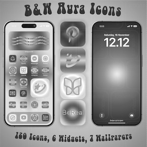 May include: A black and white phone screen with a collection of 120 icons, 6 widgets, and 7 wallpapers. The icons are in a grid pattern and include popular apps like Snapchat, Spotify, Instagram, and Notion. The widgets are for weather, time, and other information. The wallpapers are a variety of abstract designs.