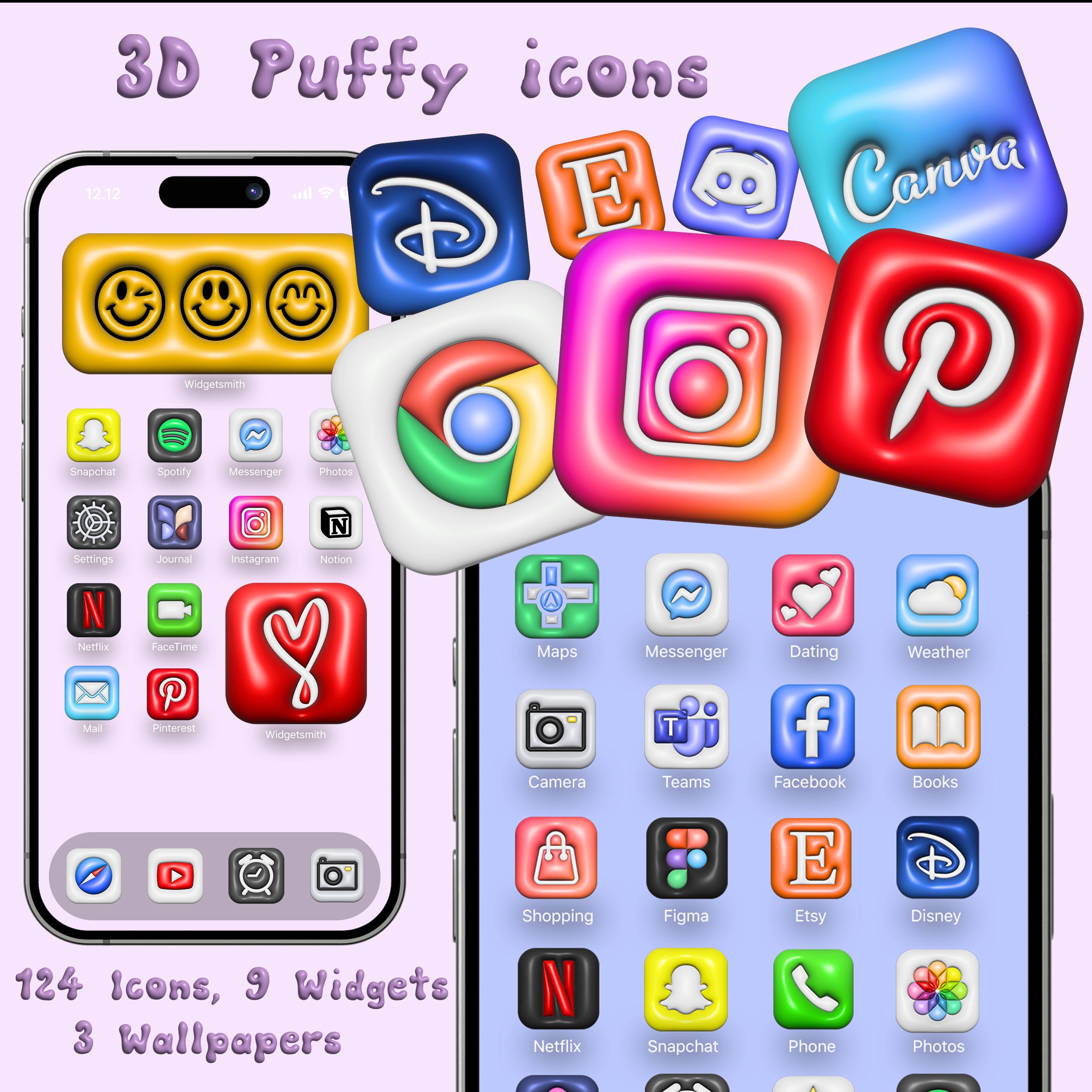 120+ 3D Color Inflatable Balloon Style iPhone App Icons, Vibrant Rainbow Themed Icons, Playful Screen Widgets , Puffy Y2k Color Icon Pack