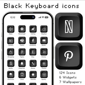 May include: A black iPhone screen with a grid of app icons, each styled to look like a black keyboard key. The icons include apps like Netflix, Spotify, Facebook, and Instagram. The phone is displayed next to two black keyboard keys with white icons, one with the Netflix logo and the other with the Pinterest logo. The text "124 Icons, 6 Widgets, 7 Wallpapers" is displayed below the keys.