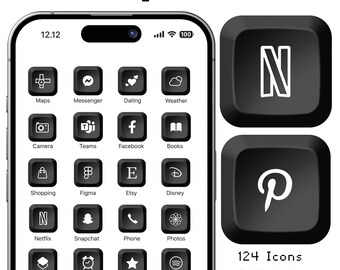 May include: A black iPhone screen with a grid of app icons, each styled to look like a black keyboard key. The icons include apps like Netflix, Spotify, Facebook, and Instagram. The phone is displayed next to two black keyboard keys with white icons, one with the Netflix logo and the other with the Pinterest logo. The text "124 Icons, 6 Widgets, 7 Wallpapers" is displayed below the keys.