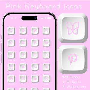 May include: A pink and white smartphone screen displaying a grid of app icons with a pink background. The icons are white with pink outlines and represent various apps such as maps, messenger, dating, weather, camera, twitter, facebook, books, shopping, figma, etsy, disney, netflix, snapchat, phone, photos, shortcuts, clock, favorite, and spotify. The screen is surrounded by a white border. The image also includes two white buttons with pink outlines and pink icons. The top button has a butterfly icon and the bottom button has a Pinterest icon. The text "124 Icons", "8 Widgets", and "4 Wallpapers" is displayed below the buttons.