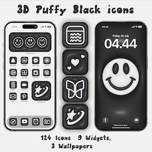 May include: A black and white phone screen with 124 icons, 9 widgets, and 3 wallpapers. The icons are 3D and puffy, with a black background and white outlines. The phone screen displays the date and time, "Friday, 26 July 04.44".
