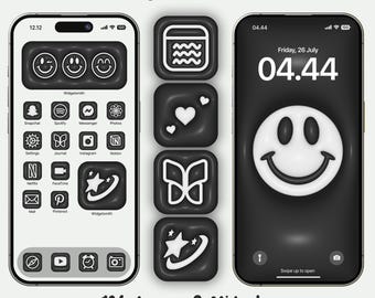 3D Black Inflated App Icons, Dark Theme Y2K, 124 Grayscale BW Theme Icons, Soft and Puffy 3D Icon Bundle , Contrasty 3D Bubble Icons