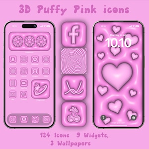 May include: A pink smartphone with a 3D puffy pink icon pack. The icons are in a grid pattern and include social media apps, a clock, a camera, and a play button. The phone also has a pink wallpaper with a heart design. The text "124 Icons 9 Widgets, 3 Wallpapers" is at the bottom of the image.
