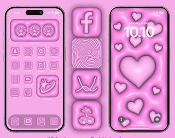 Pink Inflatable 3D Styled Balloon iPhone App Icons, Emerald Themed Icons, Olive Screen Widgets , Puffy Y2k 3D Moss Green Icon Pack
