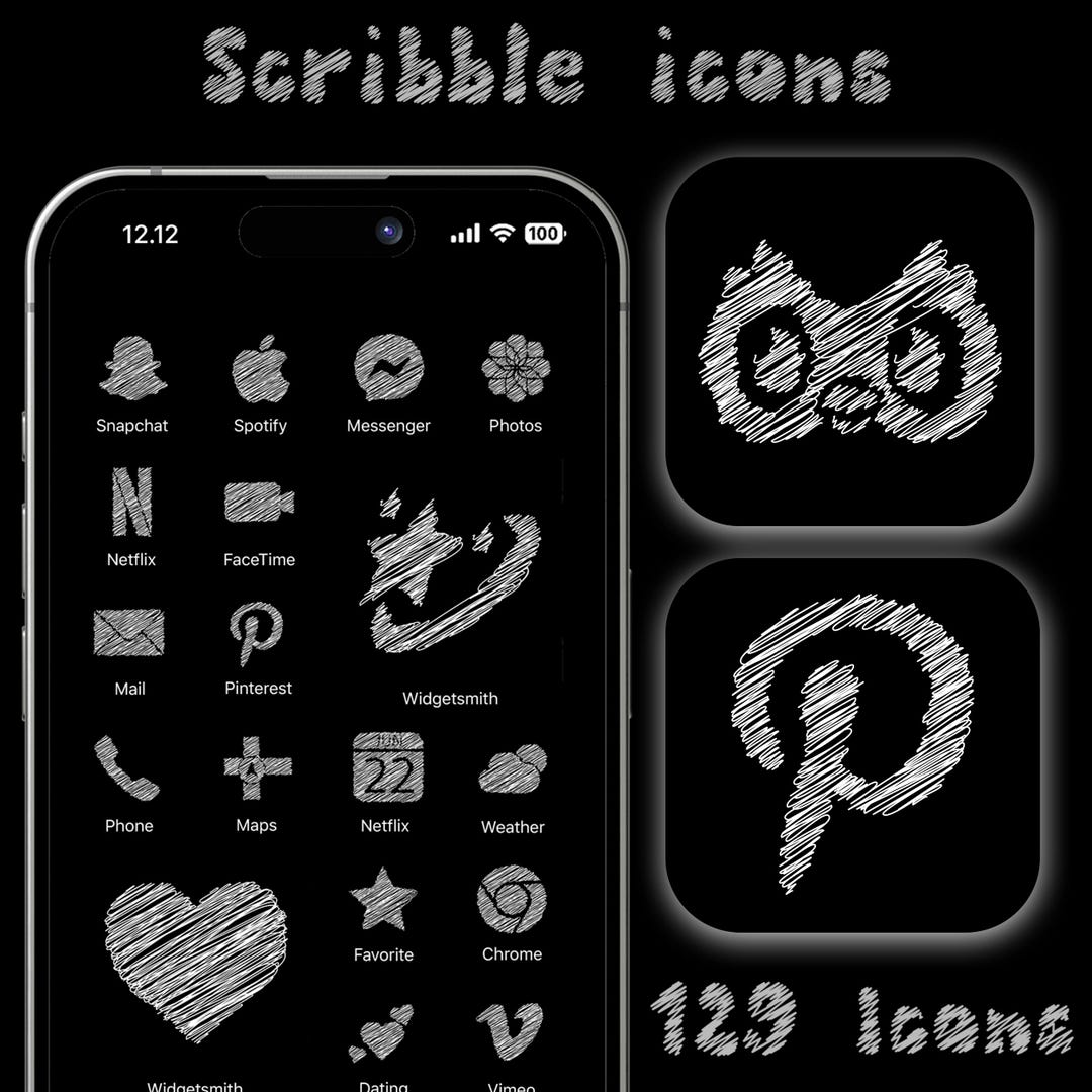 Black Doodle Icon Pack, B&W Scribble Theme, Sketch Phone App Bundle ...