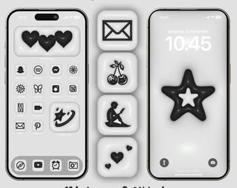 3D Black & White Inflated App Icons, Cute Y2K, 124 Grayscale BW Theme Icons, Soft and Puffy 3D Icon Bundle , Contrasty 3D Bubble Icons