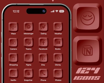 May include: A screenshot of a smartphone displaying a grid of app icons with a cherry red background. The icons are for popular apps such as Maps, Messenger, Dating, Weather, Camera, Teams, Facebook, Books, Shopping, Figma, Etsy, Disney, Netflix, Snapchat, Phone, Photos, and more. The phone screen also displays the time 12:12 and the signal strength indicator. The text "124 icons, 9 widgets, 3 wallpapers" is displayed at the bottom of the screen.