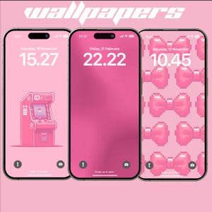 May include: Three pink iPhone mockups with different digital clock faces and backgrounds. The first phone has a pixelated arcade game on a pink background. The second phone has a solid pink background. The third phone has a pink background with a repeating pattern of pink pixelated bows.