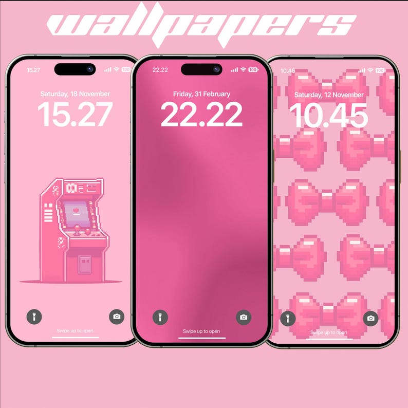 May include: Three pink iPhone mockups with different digital clock faces and backgrounds. The first phone has a pixelated arcade game on a pink background. The second phone has a solid pink background. The third phone has a pink background with a repeating pattern of pink pixelated bows.