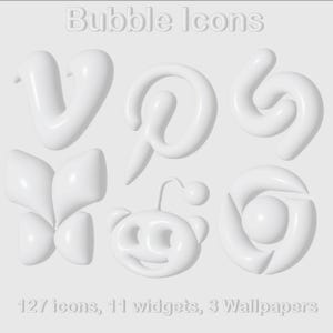 May include: A collection of white, 3D-rendered bubble icons, including social media logos and abstract shapes. The text "Bubble Icons" is at the top, with the text "127 icons, 11 widgets, 3 Wallpapers" at the bottom.