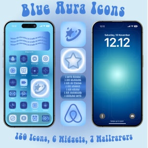Könnte beinhalten: Ein blauer und weißer Telefonbildschirm mit einem blauen Aura-Thema. Der Bildschirm zeigt ein Raster von App-Symbolen, darunter Snapchat, Spotify, Messenger, Fotos, Einstellungen, Journal, Instagram, Notion, Netflix, FaceTime, Mail, Pinterest, Widgetsmith, Telefon, Karten, Kalender und Wetter. Der Telefonbildschirm zeigt auch ein blaues Stern-Symbol mit einem weißen Umriss und einem blauen Hintergrund. Der Text "Blue Aura Icons" wird oben auf dem Bildschirm angezeigt. Der Text "120 Icons, 6 Widgets, 7 Wallpapers" wird unten auf dem Bildschirm angezeigt.