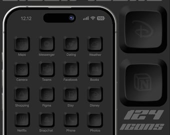 May include: A black and white image of a smartphone screen displaying a grid of black app icons. The icons are arranged in a 5x6 grid and include apps such as Maps, Messenger, Dating, Weather, Camera, Teams, Facebook, Books, Shopping, Figma, Etsy, Disney, Netflix, Snapchat, Phone, Photos, and more. The text "124 icons" and "9 widgets & 3 wallpapers" is displayed at the bottom of the screen.