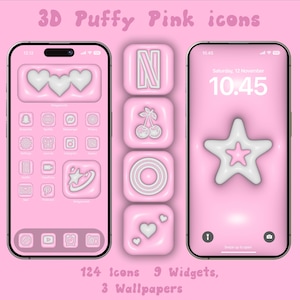 May include: A pink phone screen with 3D puffy icons. The icons are white and have a pink outline. The icons include a heart, a star, a cherry, a circle, and a letter N. The phone screen also has a clock widget that says 10:45. The text at the bottom of the screen says "124 Icons 9 Widgets, 3 Wallpapers".