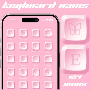 May include: A pink iPhone screen with a grid of app icons, including Maps, Messenger, Dating, Weather, Camera, Teams, Facebook, Books, Shopping, Figma, Etsy, Disney, Netflix, Snapchat, Phone, Photos, and more. The phone is on a pink background with two large pink buttons, one with a butterfly icon and the other with the letter "E". The text "124 icons" is below the buttons.