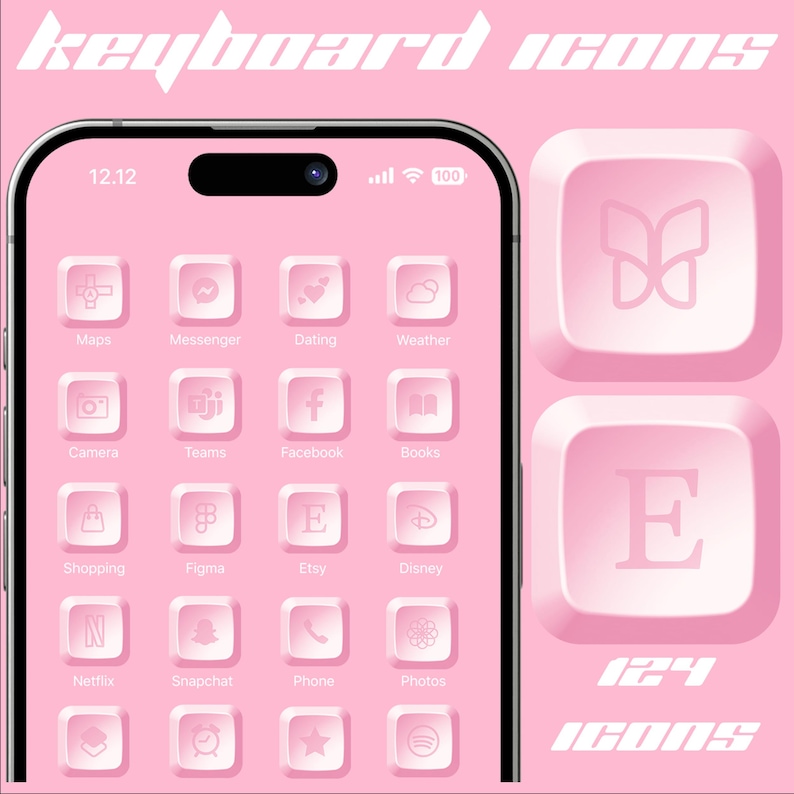 May include: A pink iPhone screen with a grid of app icons, including Maps, Messenger, Dating, Weather, Camera, Teams, Facebook, Books, Shopping, Figma, Etsy, Disney, Netflix, Snapchat, Phone, Photos, and more. The phone is on a pink background with two large pink buttons, one with a butterfly icon and the other with the letter "E". The text "124 icons" is below the buttons.