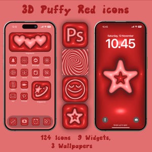 May include: A mockup of a smartphone screen with 124 red 3D icons, 9 widgets, and 3 wallpapers. The icons are puffy and have a glossy finish. The icons include popular apps like Snapchat, Spotify, Instagram, and more. The phone screen also displays a clock widget with the time 10:45.