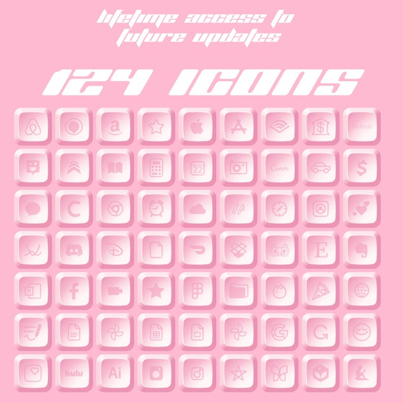May include: A pink background with 124 white icons arranged in a grid. The icons are of various popular apps and social media platforms, including Airbnb, Amazon, Apple, Instagram, Facebook, Google, and more.