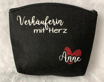 Verkäuferin mit Herz Tasche aus Filz, personalisierte Filztasche, Abschiedsgeschenk für Erzieher, Glitzerherz