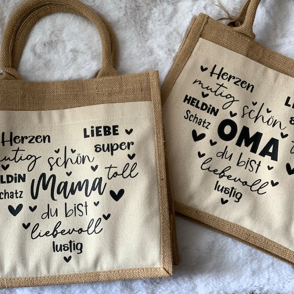 Jutetasche Oma & Mama, Muttertags Präsent, Kleine Aufmerksamkeit zwischendurch, Jutebeutel Geschenkidee für Sie