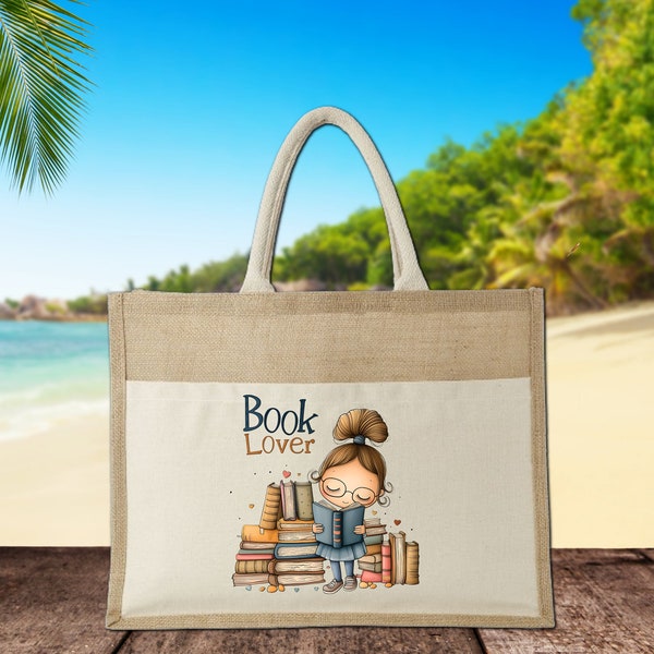 Jutebeutel Book Lover brünetthaarig, Jutetasche Buchliebhaber, Tasche mit Motiv, Geschenkidee für Bookies