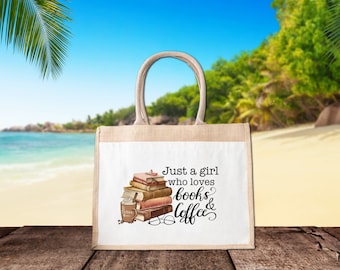 Jutebeutel Just a Girl, Jutetasche Buchliebhaber, Tasche mit Motiv, Geschenkidee für Bookies