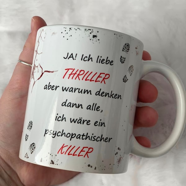 Bookmerch Thriller Tasse, Mordspuren, personalisierter Becher, Wichtelgeschenk, Büchertasse Blut