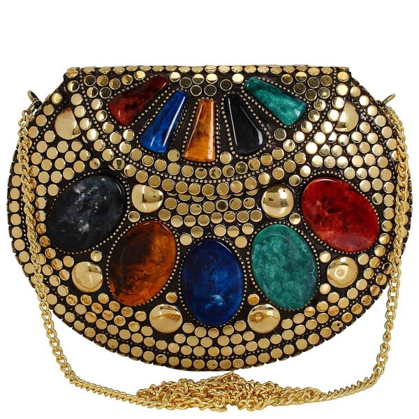 Jewel Mosaic Design Metal Work Party Clutch, Antique Clutch, Evening Bag, Stone Handbag, Metal Bag, Traditional Box Clutch With Sling Chain