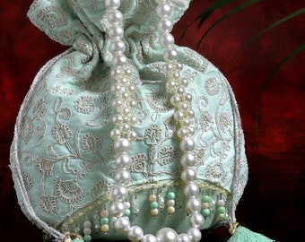 Floral Embroidered Faux Silk Potli Wedding Purse Bag for Woman, Handcrafted Potli Bag, Bridesmaid Wedding Favour Bag