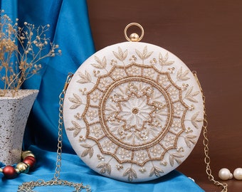 Luxury Embroidered Round Clutch, Bride Gift, Wedding Gift, Purses For Her, Ethnic Shoulder Strap Bag, Designer Clutch, Fashion Bags SW