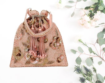 Pink & Gold Floral Embellished Faux Silk embedded clutch for her embroidered Indian potli bucket bag for bridal blue clutch gift