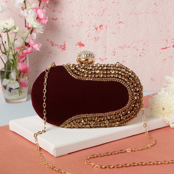 Velvet Clutch purse,bag Embroidered with  diamonds, shoulder strap and handle for Wedding, Evening Party and Ethnic wear.