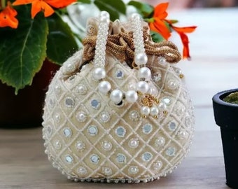 Pearl embroidered handbag/ makeup bag / designer handbeg/Unique batwa/Anniversay  gift/Bridal potli bag